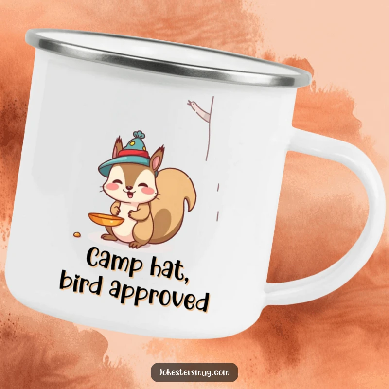 Funny Squirrel Camping Mug: A mischievous squirrel wears a bird feeder as a hat, perfect for outdoor use and as a funny gift.