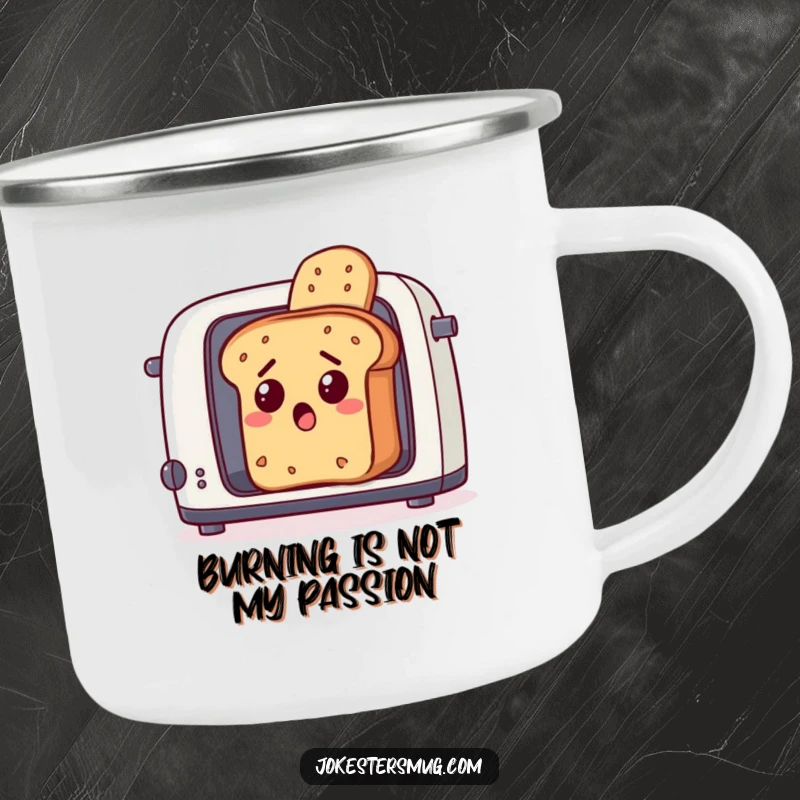 Funny loaf of bread, looking surprised, escaping a toaster, a durable and humorous camping mug for adventures.