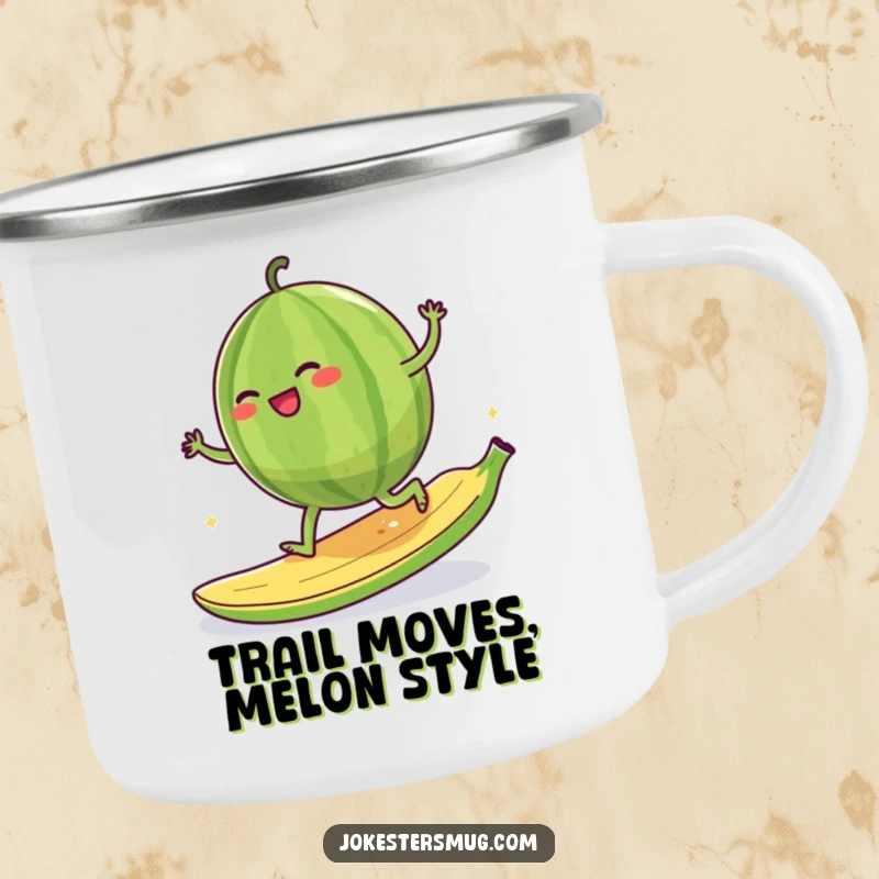Funny giggling watermelon character attempting to moonwalk on a banana peel, on a sturdy camping mug.