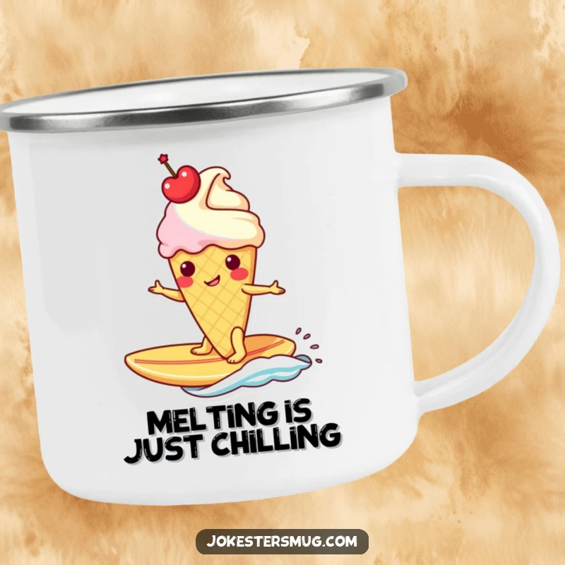 Funny ice cream cone with crown surfs a banana surfboard on a durable camping mug, ideal for outdoor humor.