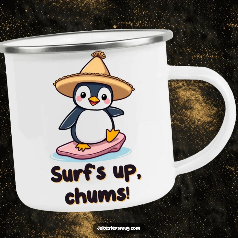 Funny camping mug featuring a penguin wearing a sombrero, attempting to surf on an ice floe, perfect for outdoor enthusiasts.