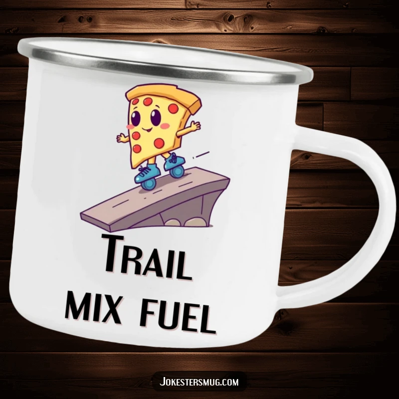 Funny pizza slice on roller skates, speeding off a ramp, designed for a rugged and humorous camping mug.