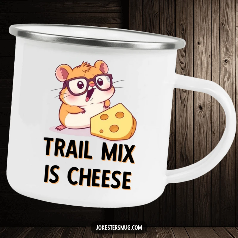 Funny camping mug showing a surprised hamster wearing glasses tripping over a massive chunk of cheese, great for camping trips.