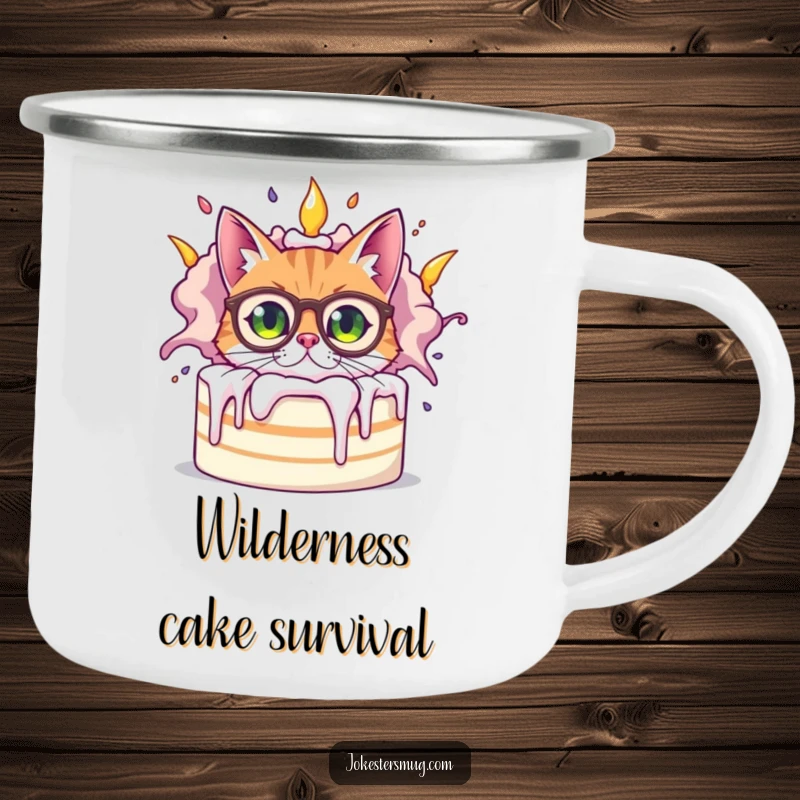 Funny bewildered cat wearing oversized spectacles peeking from behind a giant, exploding cake, ready for outdoor laughs on this durable camping mug.