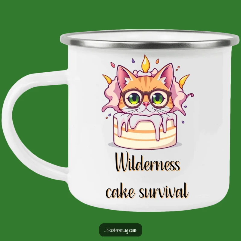 Funny Bewildered Cat Camping Mug, Outdoor Cake Chaos, Adventure-Ready Humor
