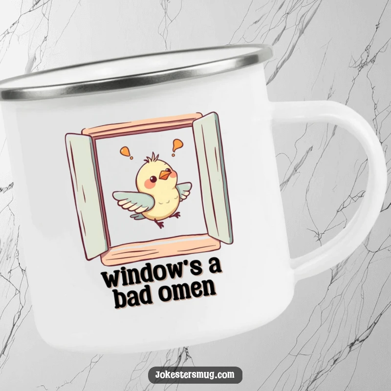 Funny camping mug showing a confused bird gently bumping its beak on a painted window during an outdoor adventure.