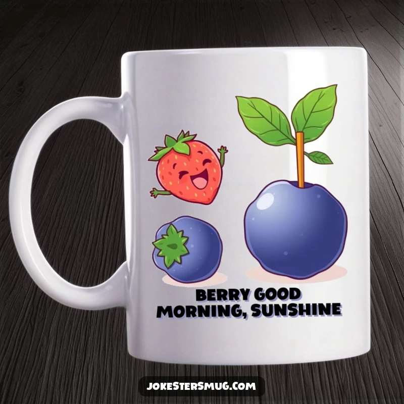Funny strawberry mug showing a happy strawberry pole vaulting over a large blueberry, a humorous and energetic scene.