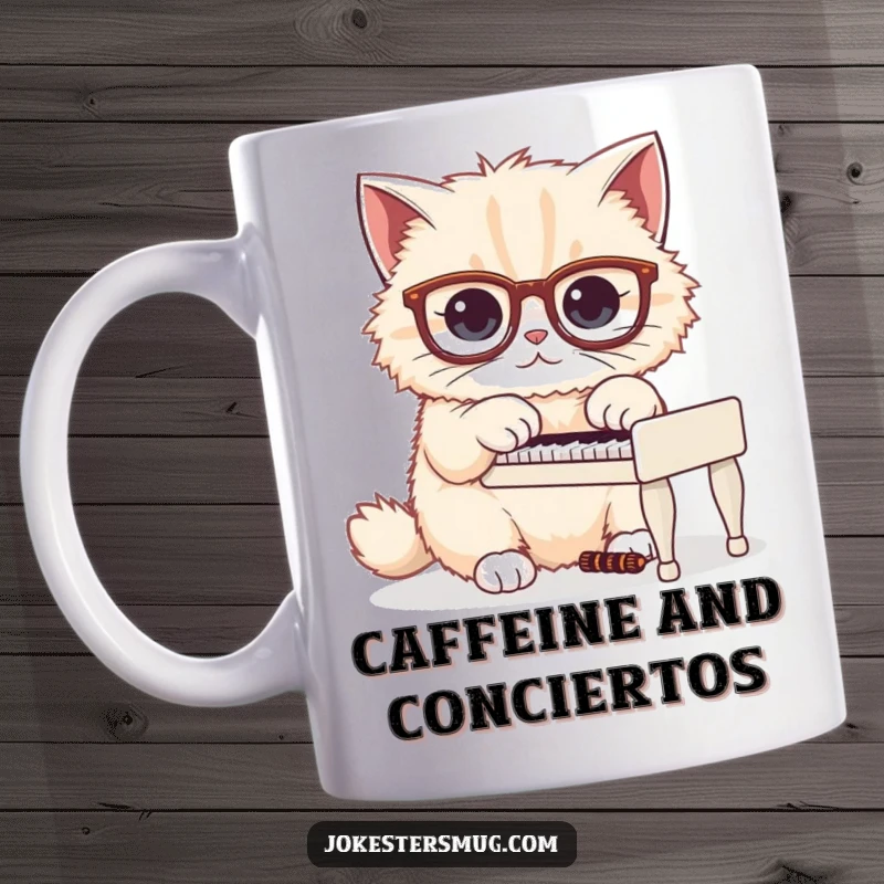 Funny mug featuring a fluffy cat wearing oversized glasses, humorously attempting to play a miniature piano with its paws.