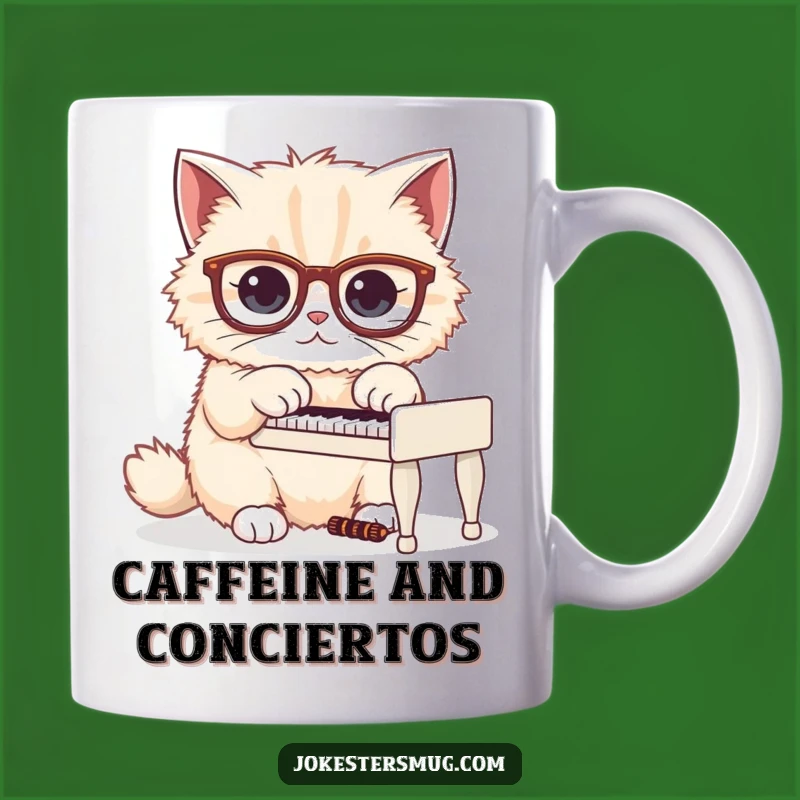 Funny Cat Piano Mug: Fluffy Musician with Glasses, Perfect Humorous Gift for Cat Lovers