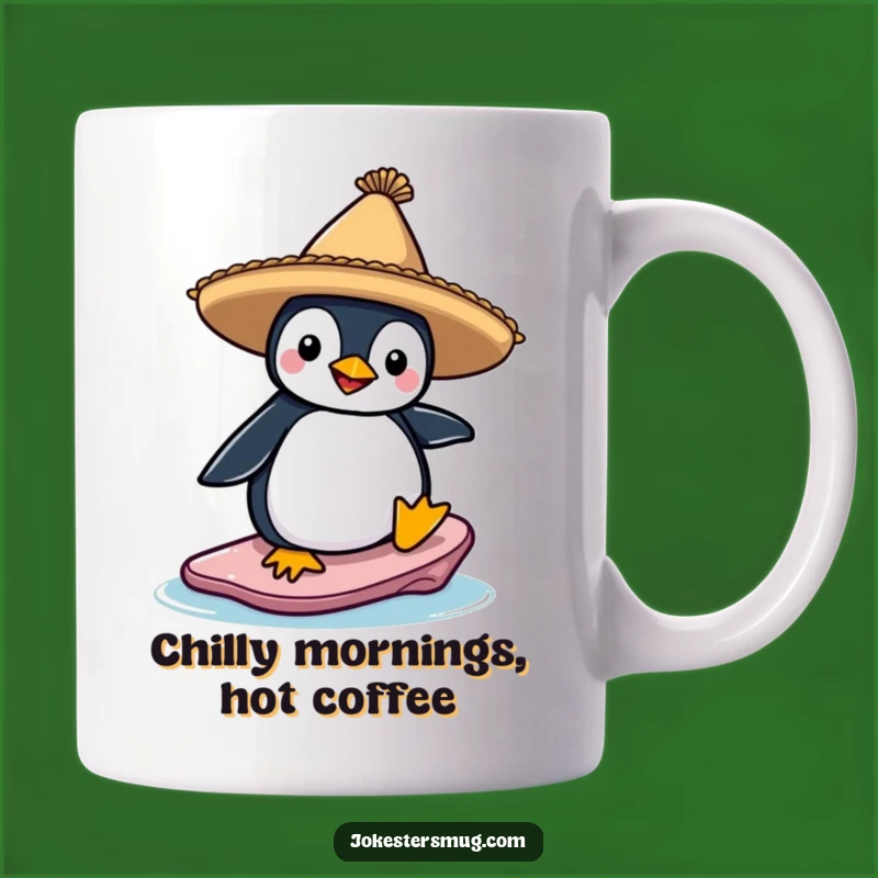 Funny Surfing Penguin in Sombrero Mug: Hilarious Arctic Adventure Gift Idea
