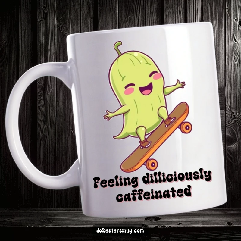 Funny pickle mug showing a happy pickle in sunglasses riding a skateboard and performing a perfect ollie, a cool and humorous scene.