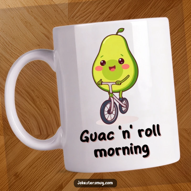 Funny avocado mug showing a cheerful avocado precariously balancing on a miniature unicycle, radiating playful determination.