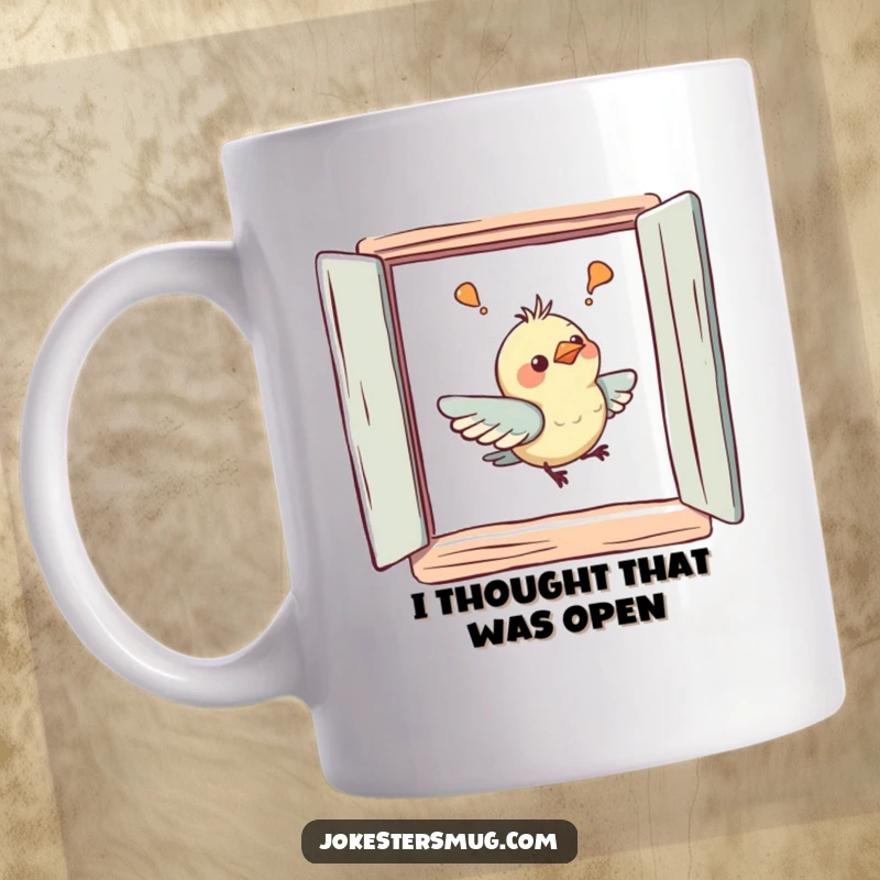 Funny mug showing a bewildered bird with a painted window, gently bumping its beak, expressing comical confusion. A delightful art piece.