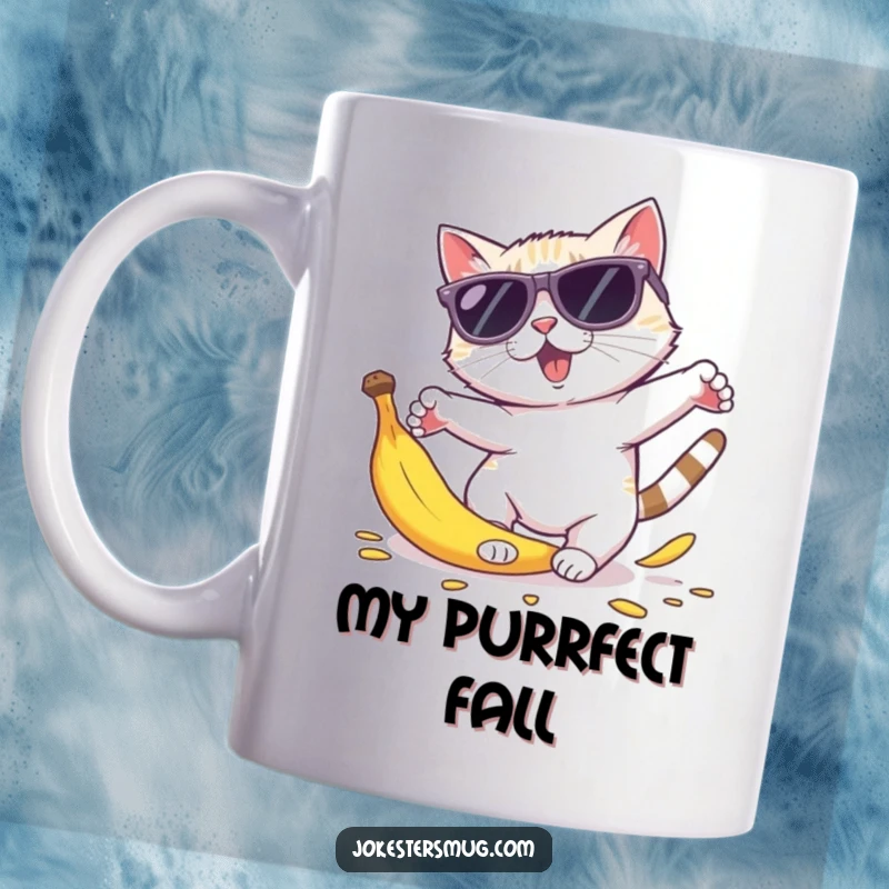 Funny cat mug featuring a cool cat in oversized sunglasses tripping over a banana peel, comically scattering its body parts.