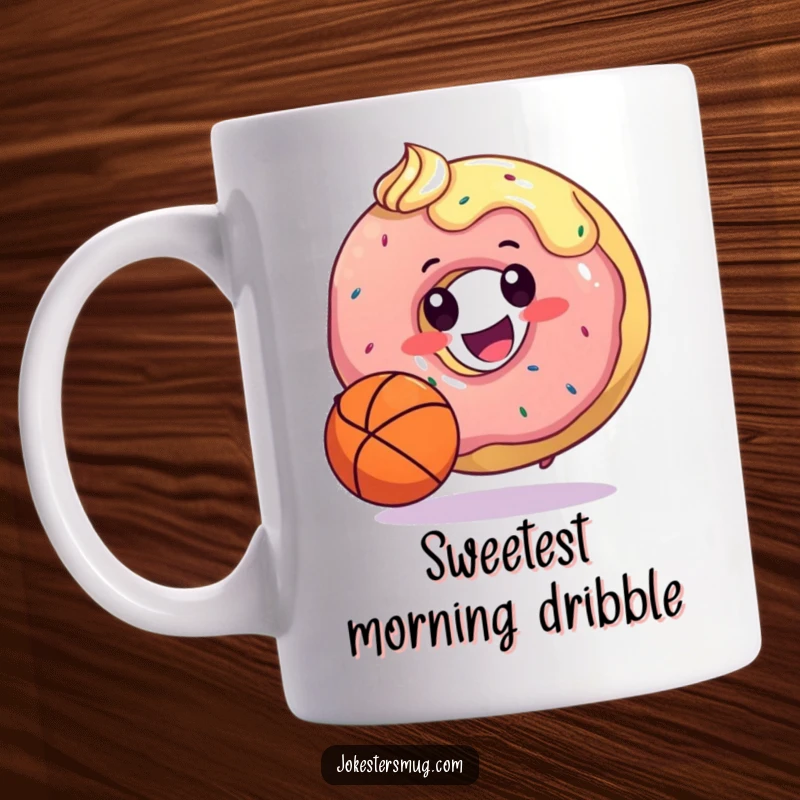 Funny coffee mug featuring a happy donut dribbling a basketball with its frosting, embodying sweet athletic fun and humor.