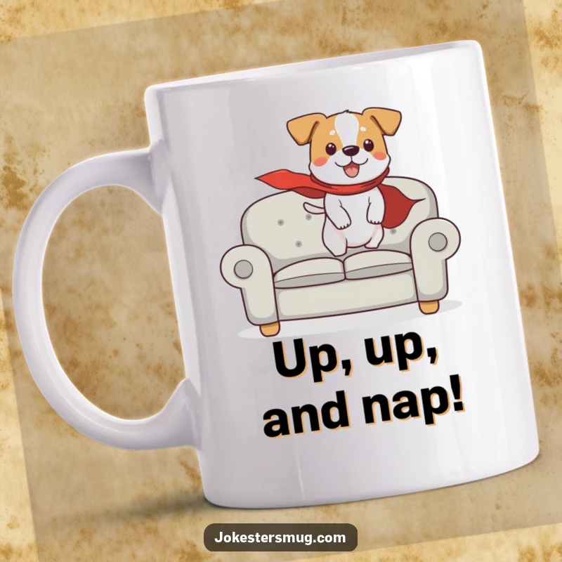 Funny coffee mug showing a dog wearing a cape, comically attempting to fly off a couch, embodying pet superhero dreams.