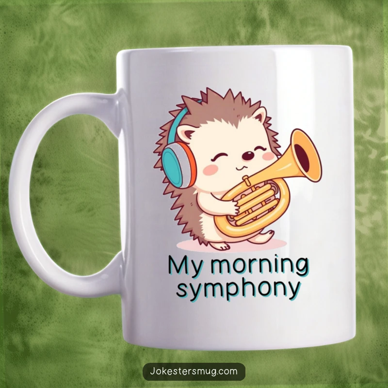 Funny hedgehog mug showing a confused hedgehog wearing earmuffs, trying to play a tuba backwards with hilarious results.