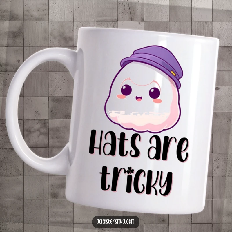 Funny mug featuring a translucent jelly blob character failing to wear a hat as it phases through, a comical sight.