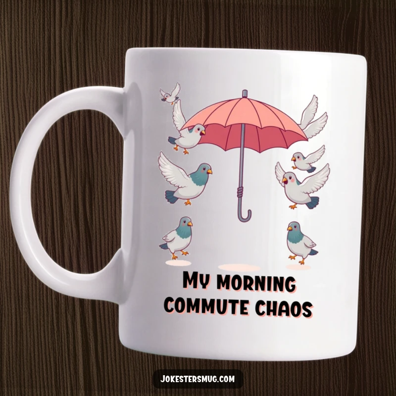 Funny surprised pigeons attempting to fly in opposite directions from a single, tiny umbrella, showcasing avian absurdity on this mug.