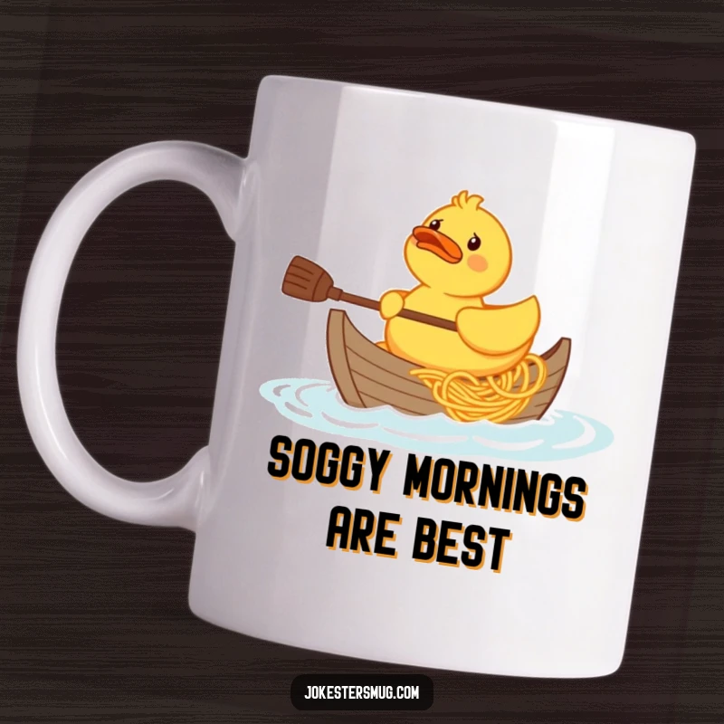 Funny confused rubber duck character trying to paddle a boat made of spaghetti, cartoon style, on a mug.
