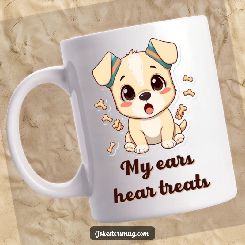 Funny surprised puppy wearing socks on its ears, hilariously juggling tiny bones, perfect gift for dog lovers.