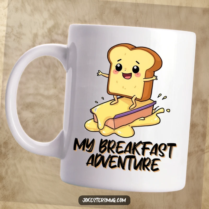 Funny slice of toast surfing on butter mug, with arms and legs, humorous breakfast character, perfect funny gift for foodies.