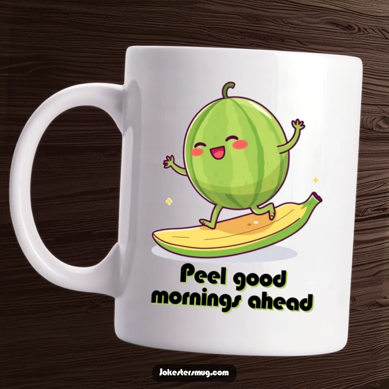 Funny giggling watermelon character attempting to moonwalk on a banana peel, cartoon style, on a mug.