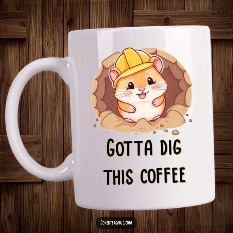 Funny chubby hamster wearing a tiny hard hat enthusiastically digs a tunnel, showing determination and hard work.