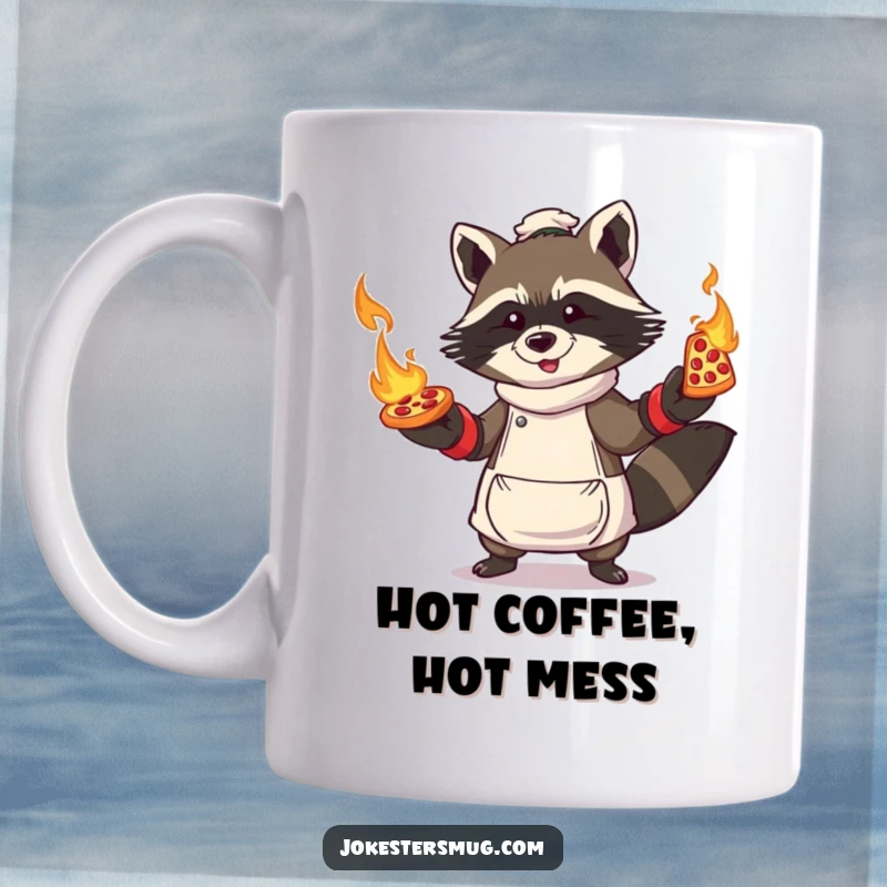 Funny Raccoon Pizza Mug: Raccoon in oven mitts, attempting to juggle flaming pizzas, conveying chaotic culinary humor.