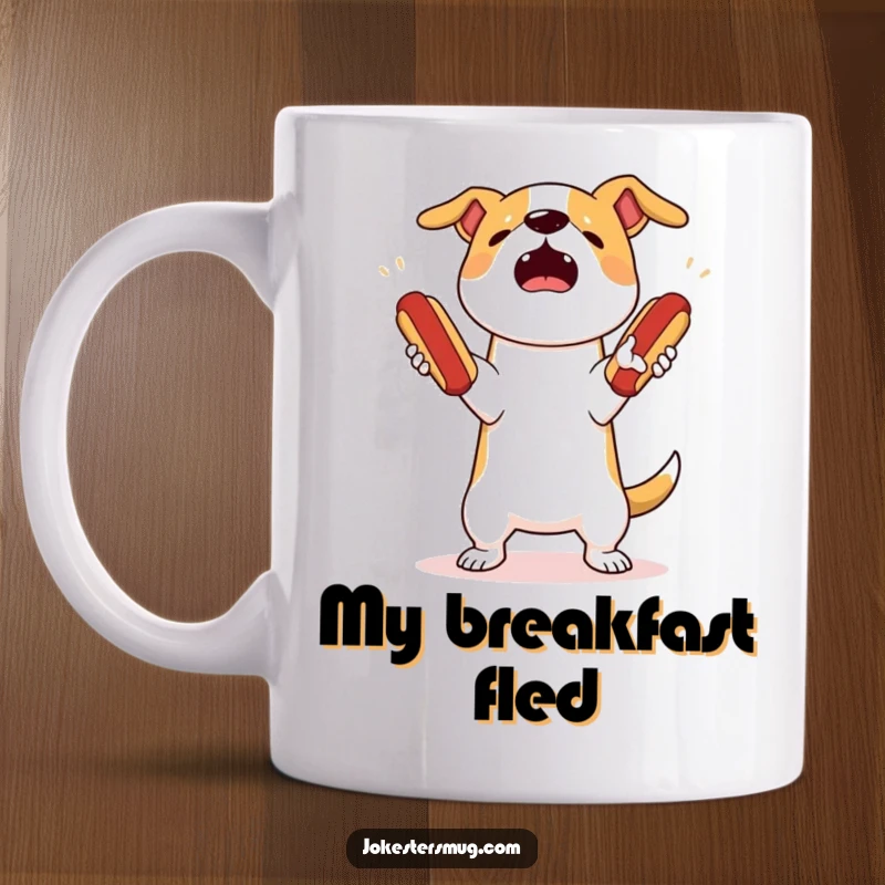Funny dog mug showing a startled canine attempting to juggle three bouncing hot dogs, comically dropping them all.