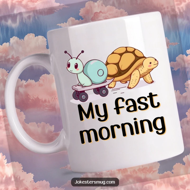 Funny mug depicting a snail on roller skates speeding past a napping tortoise, highlighting the humor of contrasting speeds and determination.