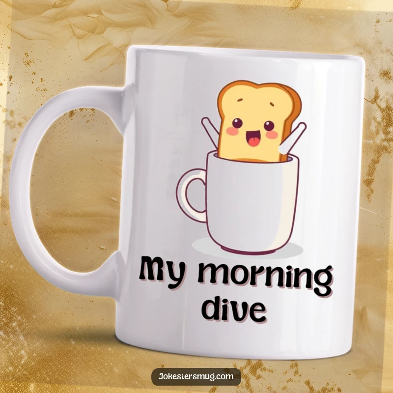 Funny mug featuring a piece of toast gleefully jumping from a toaster directly into a waiting coffee mug.