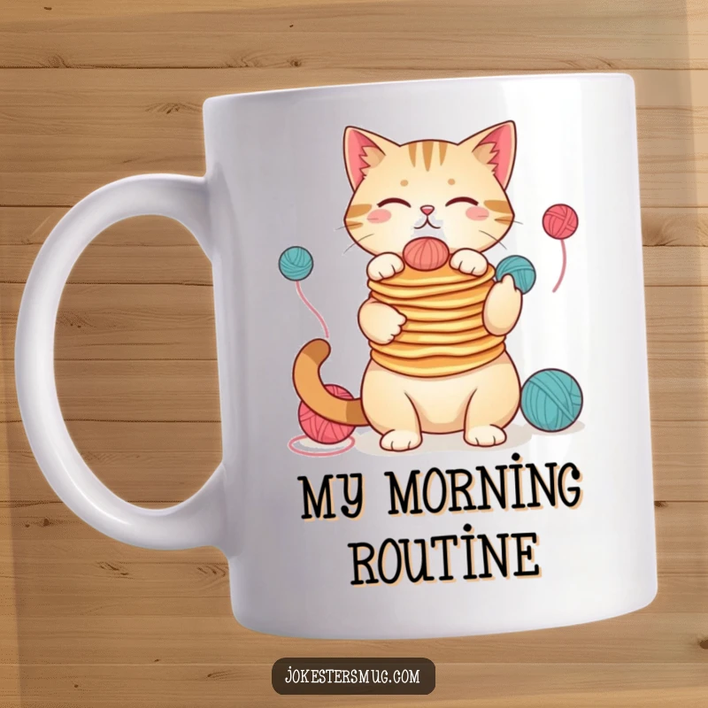 Funny cat balancing pancakes on its nose while juggling yarn balls, a hilarious and cute design for cat lovers.