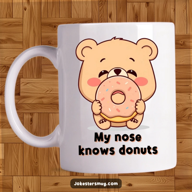 Funny bewildered bear with a donut stuck on its nose, sipping coffee, a humorous and sweet gift.