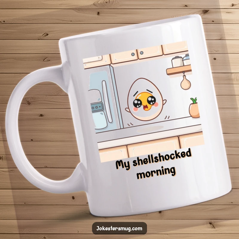 Funny Egg Mug: A startled egg with wide eyes rolls off a kitchen counter. Hilarious and funny gift for breakfast fans.