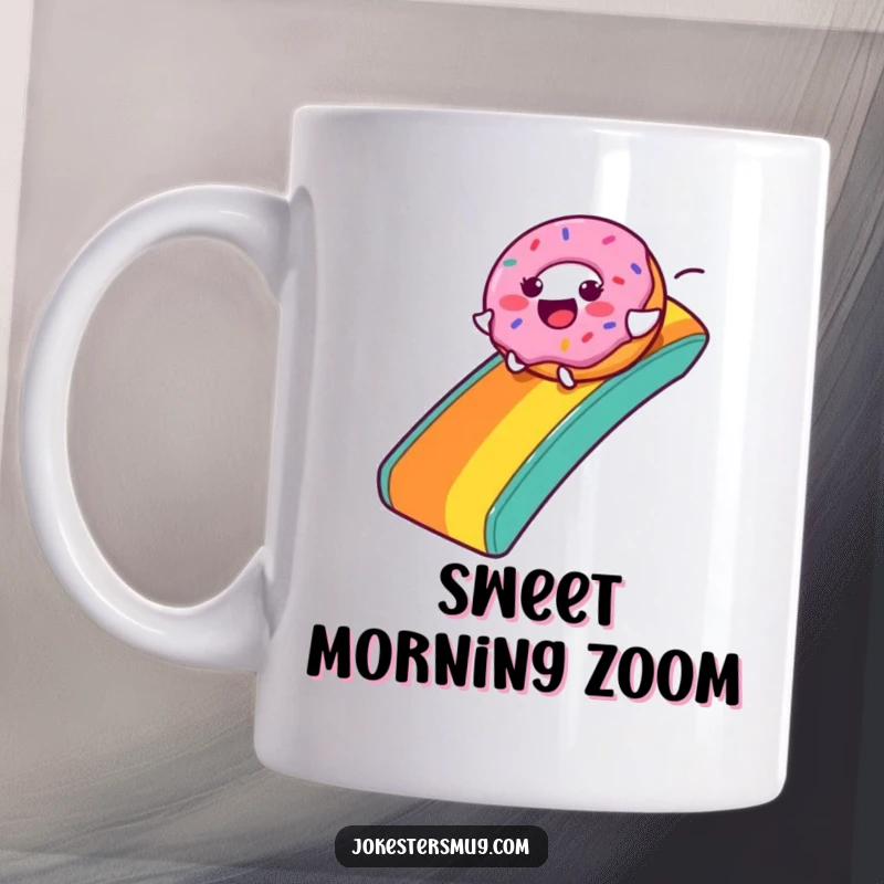 Funny Donut Mug: A happy donut character zooms down a vibrant rainbow slide with pure joy and excitement.