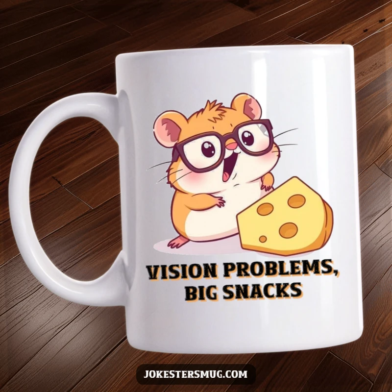 Funny hamster mug featuring a surprised hamster in oversized glasses tripping over a colossal slice of cheese, evoking comical clumsiness.