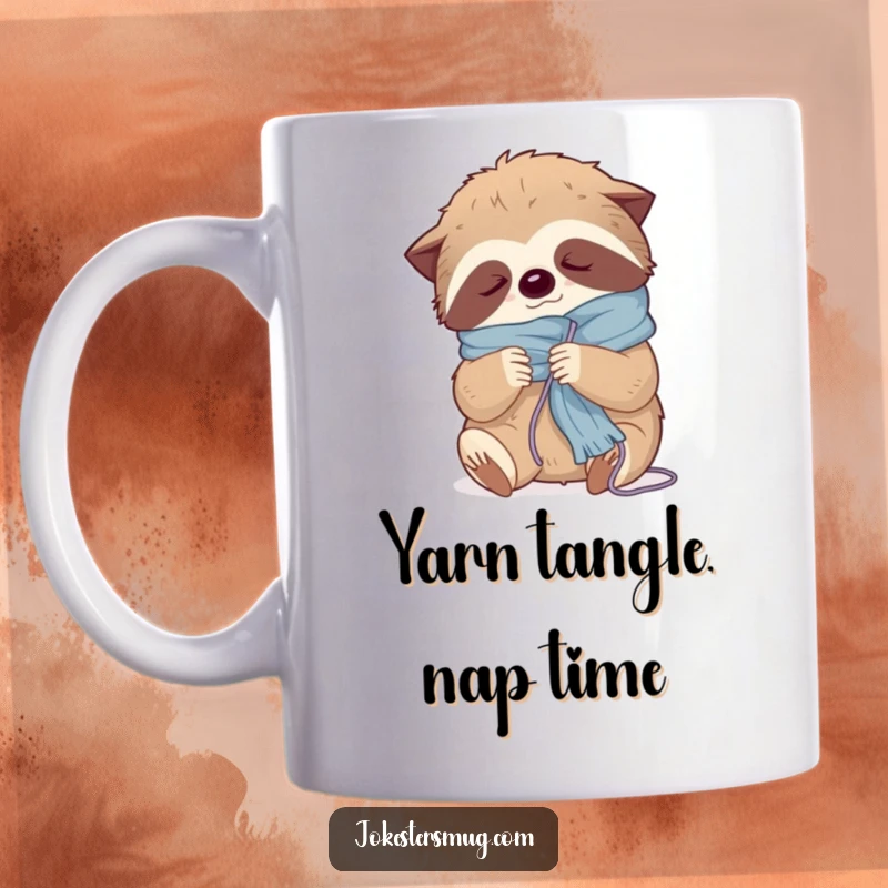 Funny sloth mug depicting a sleepy sloth hilariously tangled in yarn while attempting to knit a scarf, conveying charming laziness.