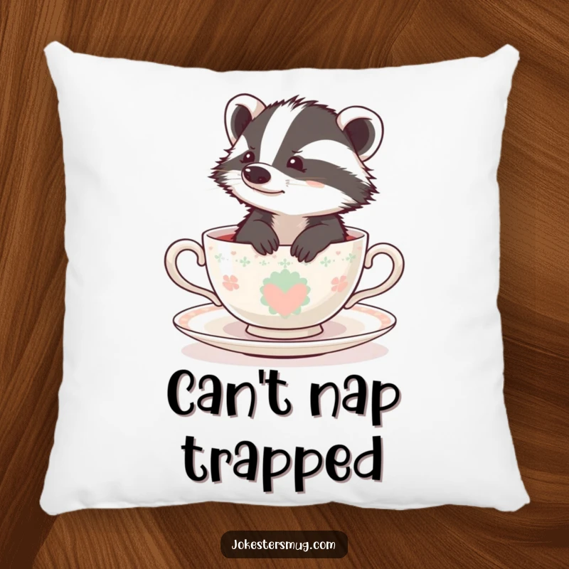 Funny badger's bewildered face peeking out of a tiny teacup, featured on a soft pillow for a whimsical home touch.