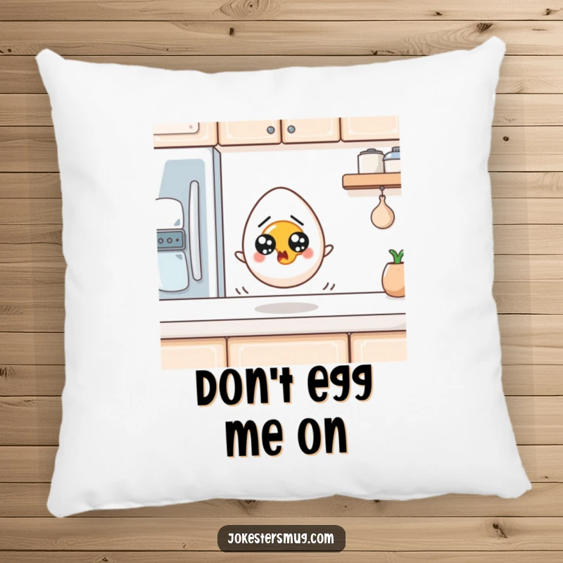 Funny Egg Pillow: A startled egg with wide eyes rolls off a kitchen counter. Soft, humorous funny gift for decor.