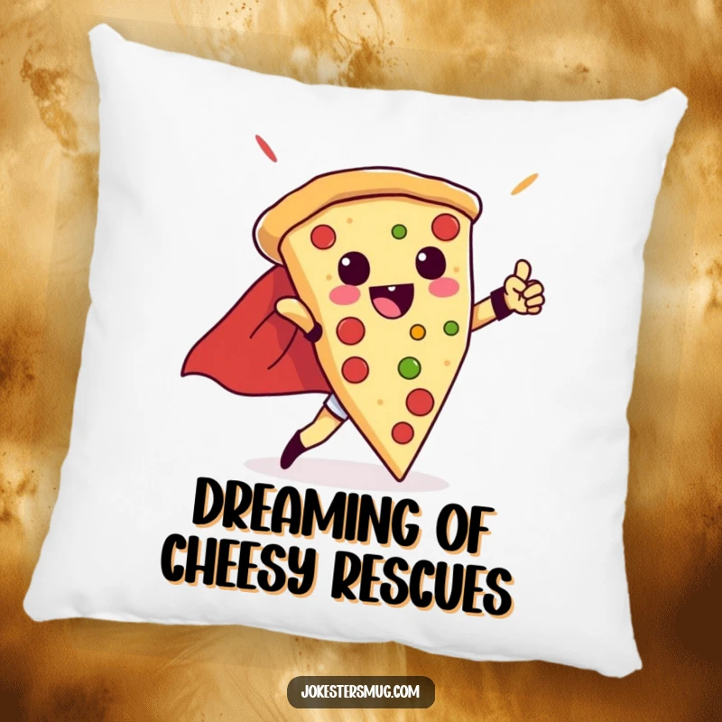 Funny pillow design of a triumphant pizza slice in a cape, striking a superhero pose, a soft and humorous accent.