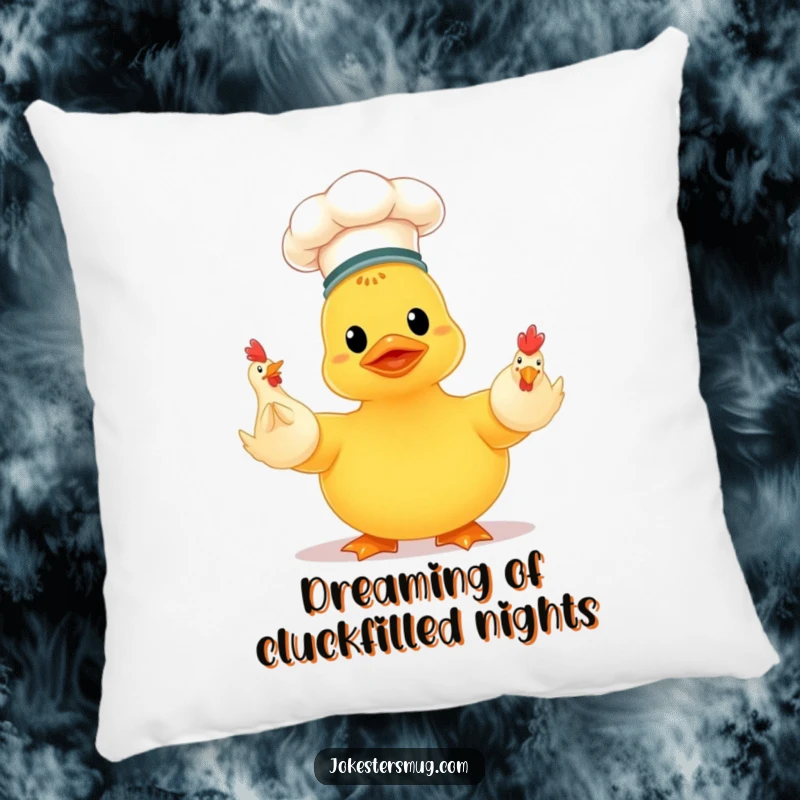 Funny chef rubber ducky in a hat, attempting to juggle three rubber chickens, a soft and humorous decorative pillow.
