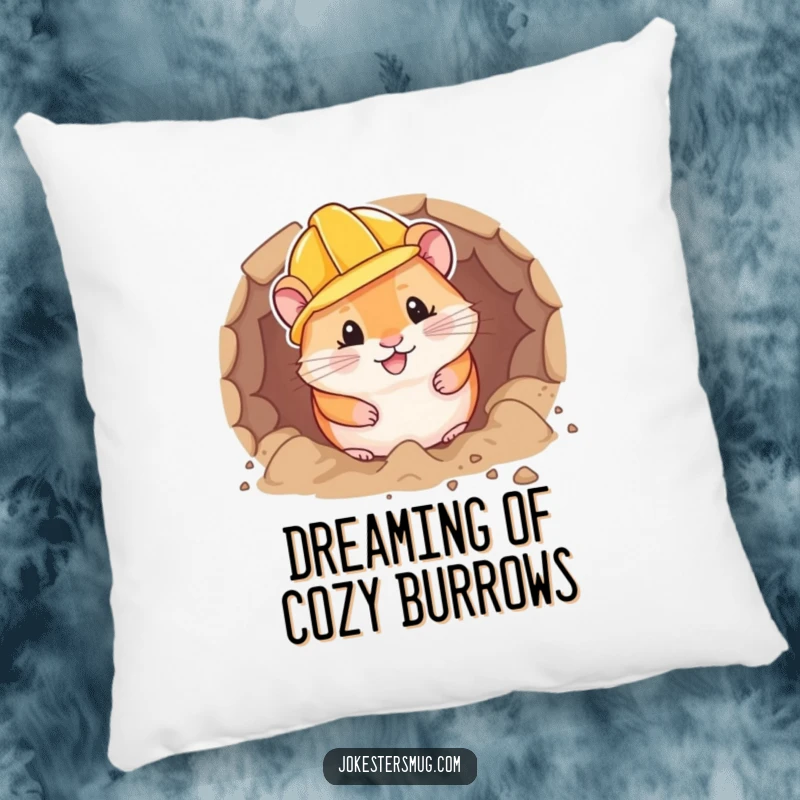 Funny chubby hamster in a hard hat digs a tunnel, featured on a soft pillow for cozy, humorous relaxation.