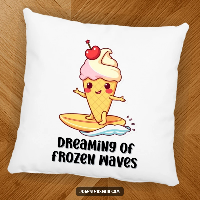 Funny ice cream cone with a cherry crown surfs a banana surfboard, featured on a comfortable pillow for joyous lounging.