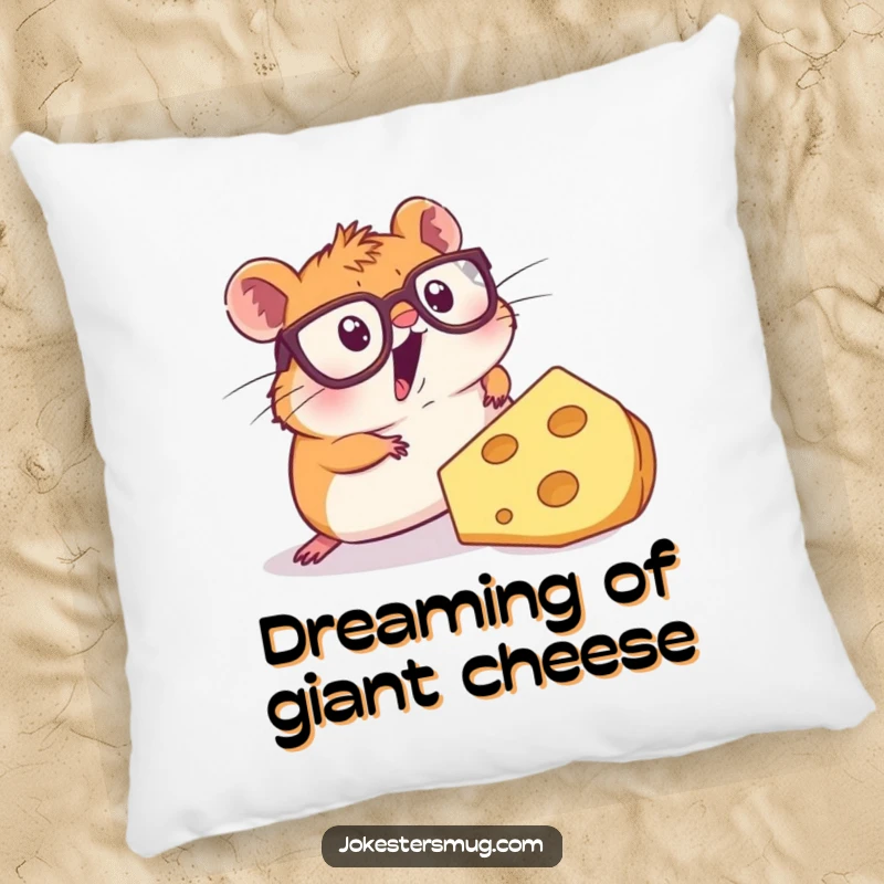 Funny pillow featuring a surprised hamster with oversized glasses stumbling over a massive slice of cheese, adding a humorous accent.