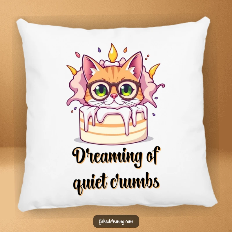Funny bewildered cat wearing oversized spectacles peeking from behind a giant, exploding cake, adding cozy humor to this decorative pillow.
