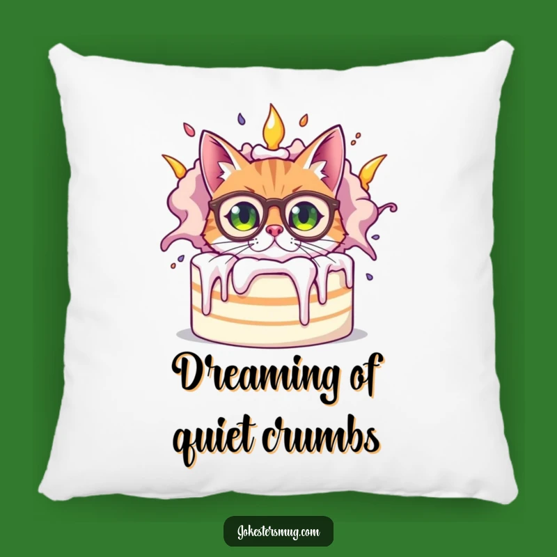 Funny Bewildered Cat Pillow, Cozy Cake Chaos, Soft & Humorous Accent
