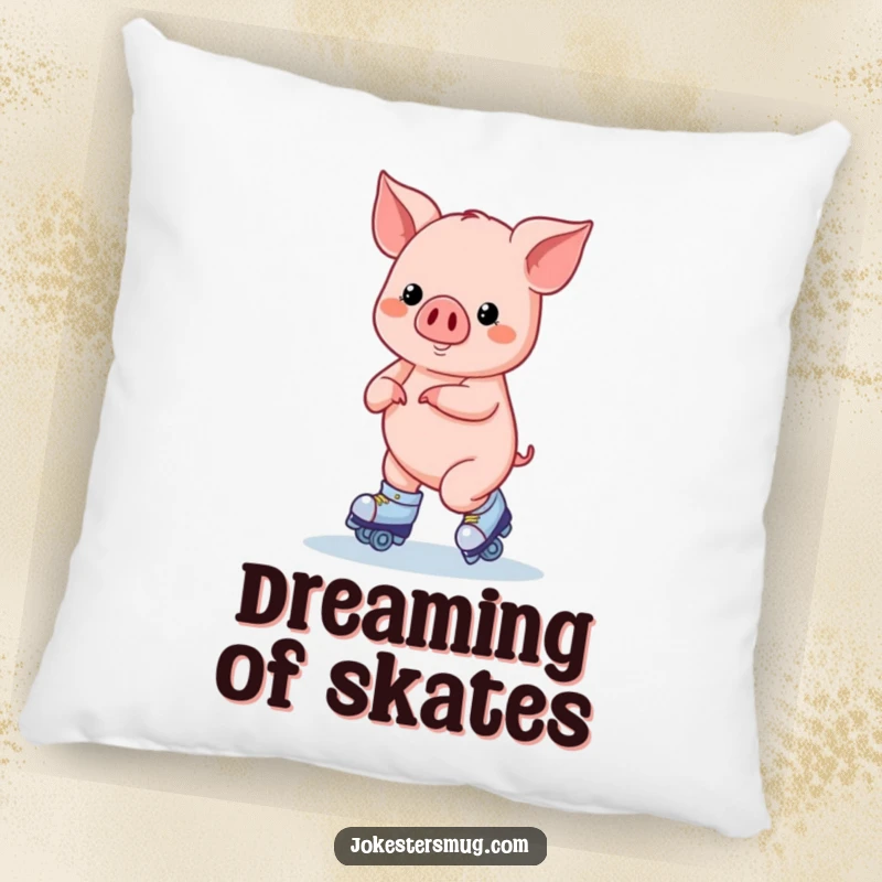 Funny Roller Skating Pig Pillow: A pig on roller skates attempts a figure eight, perfect for cozy, humorous relaxation.