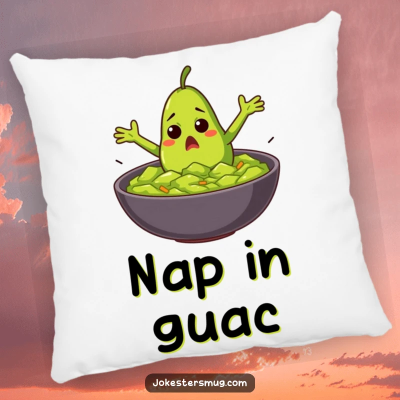 Funny startled avocado with flailing arms diving into guacamole on a soft pillow, perfect for cozying up.