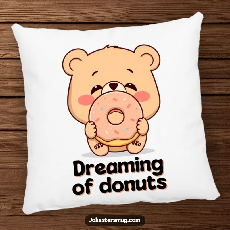 Funny soft pillow depicting a bewildered bear with a donut on its nose, a perfect funny gift.